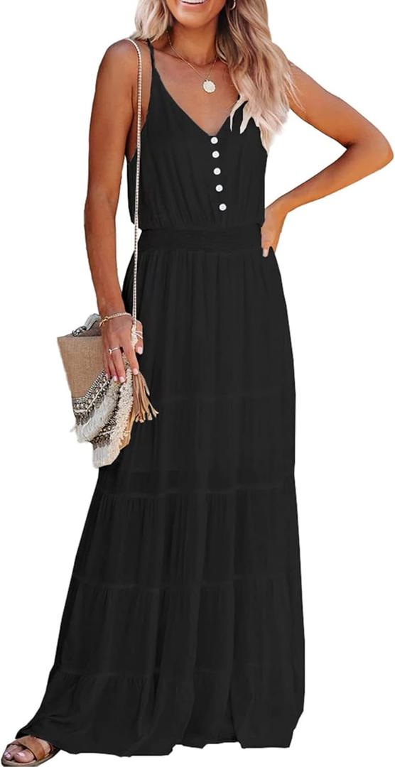 PRETTYGARDEN Sundress for Women 2025 Summer Spaghetti Strap Sleeveless High Waist Beach Long Maxi Dresses (Medium, Black)