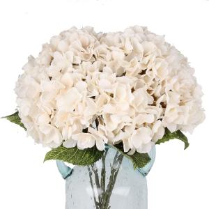 2Bouquets Artificial Fake Flowers Plants Silk Hydrangea Arrangements Wedding Bouquets Decorations Plastic Floral Home Kitchen Garden Party Festival Bar DIY (Ivory White, 5 Flower Heads)