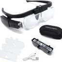 LED Head Mount Magnifier Glasses with 3 Detachable Lenses 2 Led Professional Jeweler Loupe Light USB Rechargeable Hands Free Headband Magnifying Glass for Reading Watch & Electronic Repair Sewing