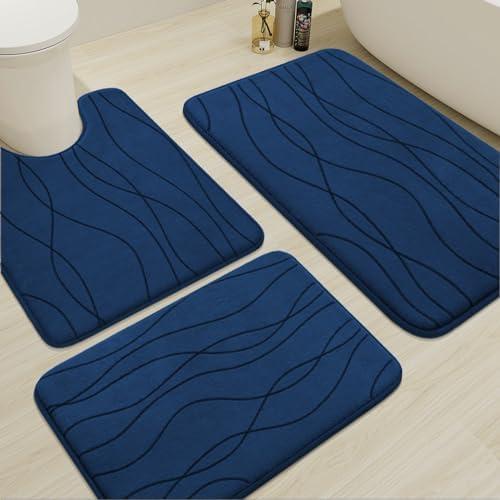 YIHOUSE Memory Foam Blue Bathroom Rug Sets 2 Piece, Ultra Absorbent Bath Mat for Bathroom - Non-Slip Machine Washable & Dry Quickly, 2 Piece Bathroom Mat Set, Navy Blue