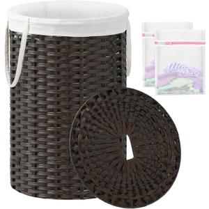 Large Laundry Hamper Laundry Basket Round 34.3 Gal (130 L) Handwoven Wicker Laundry Baskets Rattan Laundry Basket with Laundry Bag Handles 2 Mesh Bags for Living Room Bedroom Brown