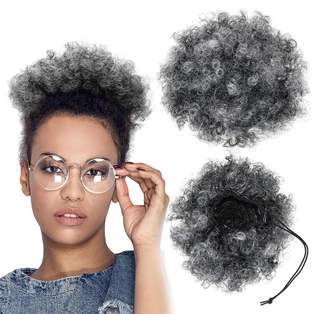 WILLBOND 2 Pieces Afro Puff Drawstring Ponytail Extension for Black Women Curly Bun Hair Synthetic Short Extensions with Clip Afro Chignon Hairpieces Wig Updo Hair(Grey)