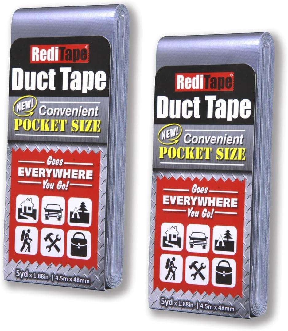 Travel Size Pocket Duct Tape 2-Pack  Compact Flat Small Mini Rolls - for Repairs Camping Emergency Gear EDC DIY Crafts - 1.88 inch x 5 Yards per Pack (Twin Silver)