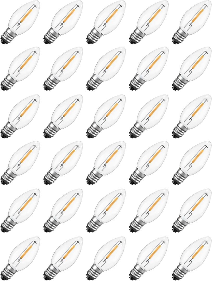 Hobbynors 30-Pack C7 LED Replacement Christmas Light Bulbs, Shatterproof Warm White Bulbs for Outdoor String Lights, 0.6W Energy Saving, E12 Candelabra Base, Commercial Grade Holiday Lights