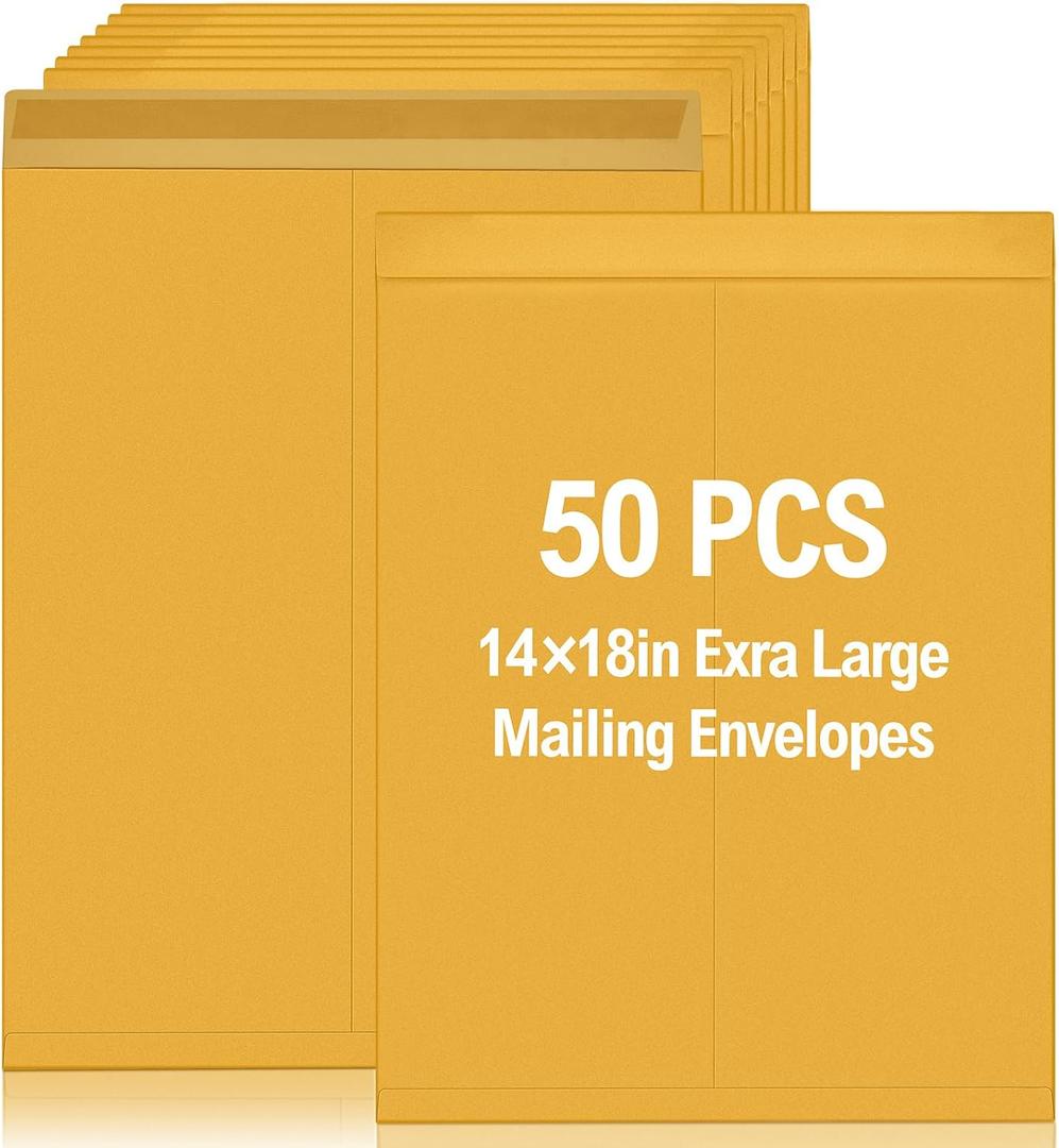 50 Pcs 14'' x 18'' Extra Large Mailing Envelopes 32lb with Gummed Flaps, Catalog Jumbo Craft Manilla Envelopes for Mailing, Storage and Organizing Documents Office Supplies(Yellow)
