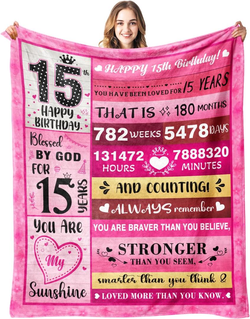 15 Year Old Girl Gifts - 15th Birthday Gifts for Teen Girls - 15th Birthday Decorations for Girls - Fifteen YR Bday Gift for Girl Daughter Granddaughter Niece Sister Ideas Blanket 50"x60"