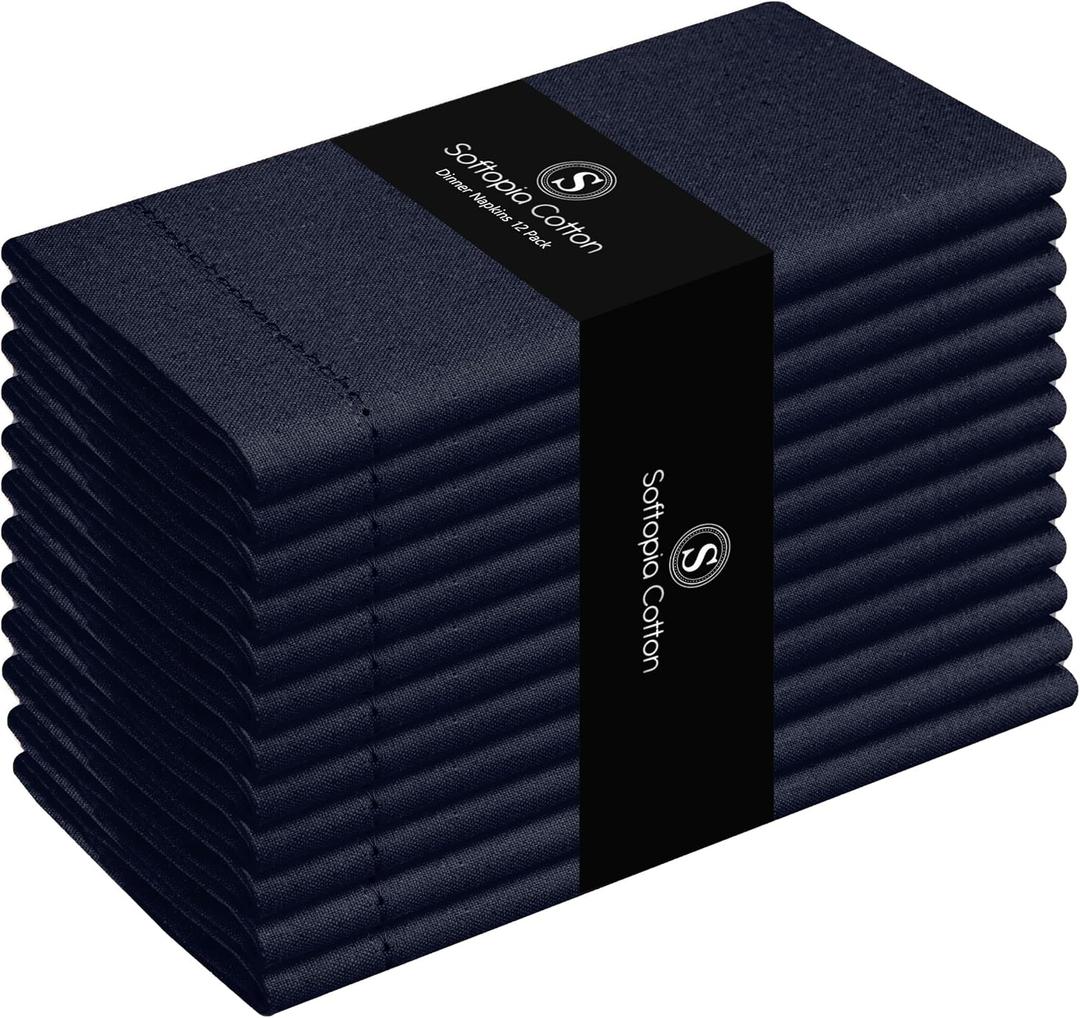 Napkins 100% Cotton Set of 12 Hemstitch Decorative Cloth Napkin Washable Dinner Napkins for Holiday, Dinner, Wedding, Baby Shower & Dining - Navy Blue (18X18)