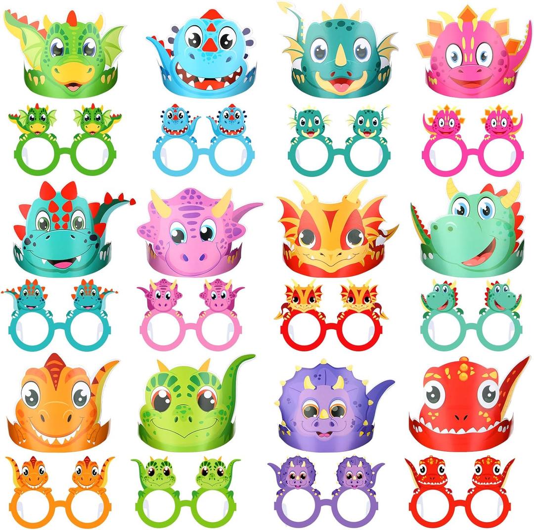 Woanger 48 Pcs Dinosaur birthday Supplies Include 24 Dinosaur Paper Hats 24 Adjustable Sunglasses with Ropes for Birthday Christmas Halloween Animal Themed Celebration Decoration