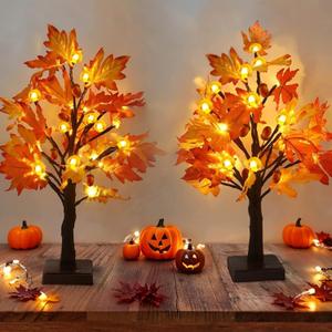 Fall Decorations Artificial Fall Lighted Maple Tree,Total 48 LED Battery/USB Operated Pumpkins Maple Acorn Tree for Table Fireplace Harvest Home Indoor Thanksgiving Decor (Yellow)
