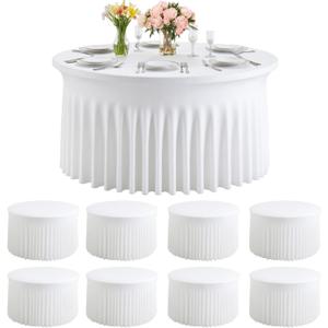 8 Pack White Round Spandex Tablecloths for 60 inch Table, 120 Inch Spandex Fitted Tablecloths, Wrinkle Free Washable Polyester Tablecloth for Wedding, Party, Birthday, Home Decoration