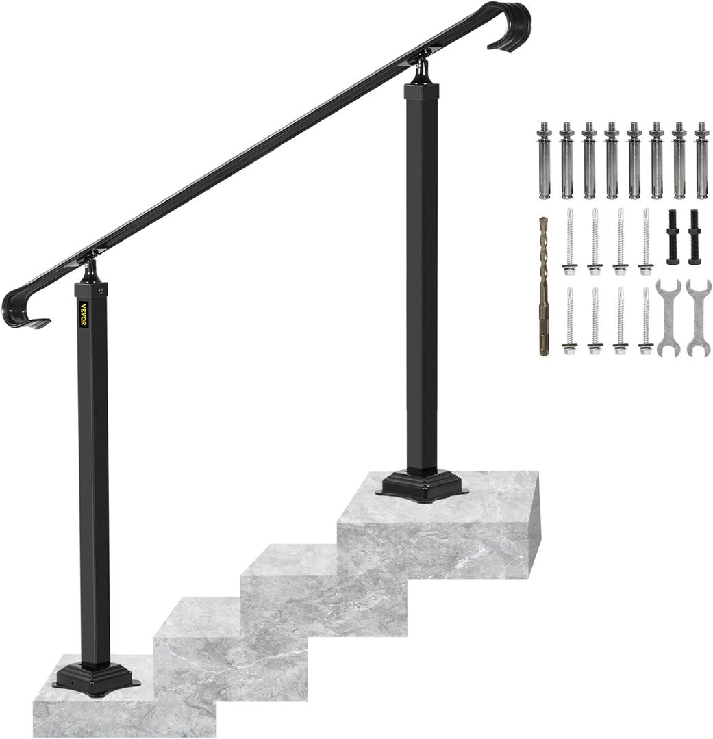 VEVOR Outdoor Staircase Handrail, Adjustable Wrought Iron, Thickened Railings for Porch & Deck (Black 4-5 Step)