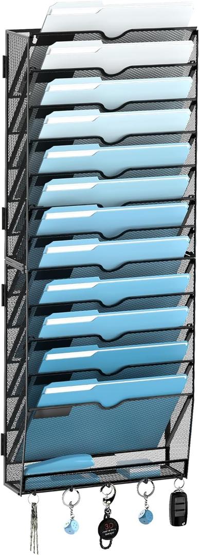 SUPEASY 13-Tier Wall File Organizer, Wall File Holder with Hooks, Mesh Hanging File Organizer, Mail Organizer Wall Mounted for Papers, Folders, Office Magazine Rack, Assembly Needed, Black