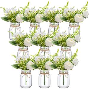 XunYee 10 Set Mason Jar Table Centerpiece with Flower Mason Jar Flower Centerpiece Vases Decor for Engagement Party Bridal Shower Wedding Reception Table Decor(White,Rose)