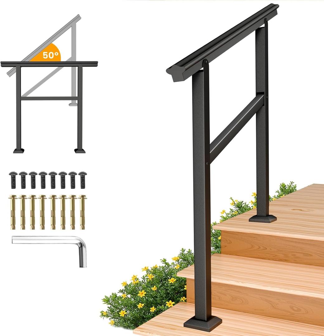 SPACEEUP Hand Rails for Outdoor Steps,3 Step Handrail36" x 34" Fits 0 to 3 Steps, Outdoor Stair Handrail Kit, Black Railings for Outdoor Steps for Porch DeckHand Rails for Seniors
