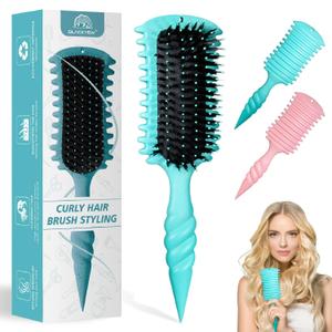 BLACKYEW Curly Hair Brush, 5in1 Detangling & Curl Defining Brush for Curly Hair Wet or Dry, Shaping & Styling Brushes with Less Pulling for Women & Men (Teal)