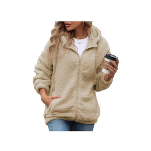 Womens Fleece Jacket Fall Winter Full Zip Sherpa Coat with Hood, Large