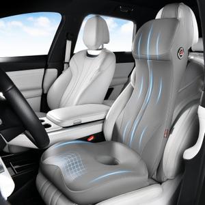 Coverado Memory Foam Car Seat Cushion and Lumbar Support Headrest Pillow, 2-in-1 Integrated Ergonomic Back Support Neck Pillow, Breathable Seat Cushion for Sciatica Back Tailbone Pain Relief, Gray