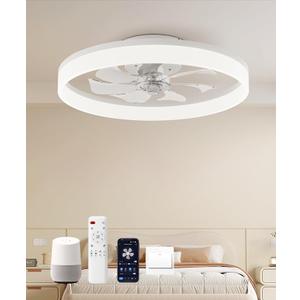 Smart Ceiling Fans with Light and Remote,20'' Low Profile Ceiling Fan with 6-Speed & Dimmable LED, Alexa/APP Home Voice Control, App, Reversible Airflow, App Timer, for Beedroom（White）