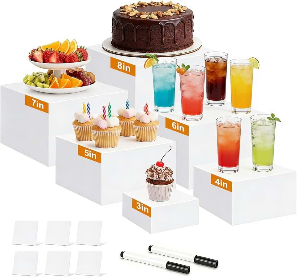 6 Pcs Acrylic Buffet Risers, 3x4x5x6x7x8 Inch Food Risers for Buffet Table, Catering Dessert Cake Holder for Party, Collectibles Jewelry Display Shelf, Stackable Cube Boxes Display with Hollow Bottoms