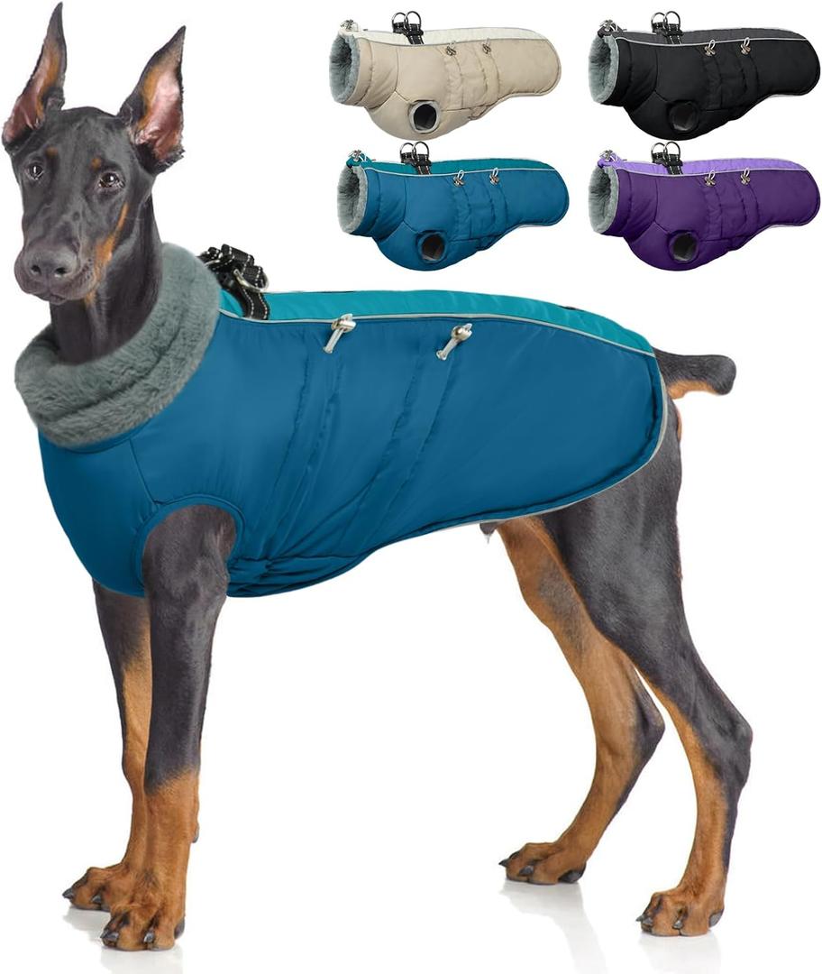 IDOMIK Warm Dog Coat with Harness, Waterproof Reflective Dog Jackets for Small Medium Large Dogs, Fleece High Collar Winter Jacket with Zipper, Pet Winter Snowsuit Clothes for Cold Weather,Blue XL (XL(Neck Girth:20.5"))