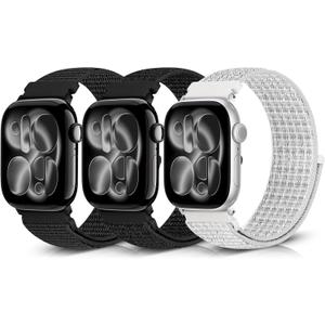 Nylon Sport Bands Compatible with Apple Watch Band 49mm 45mm 46mm 44mm 42mm 41mm 40mm 38mm Women Men, Adjustable Solo Loop Bands for iWatch Series 11 10 9 8 7 6 5 4 3 SE Ultra 2 1, 3 Pack (Dark Black+Black White+Summite White)