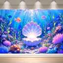 7x5FT Mermaid Backdrop Under The Sea Party Decorations, Underwater Ocean Scene with Giant Shell & Pearl, Coral Reef Fish Aquarium Background for Photography Kids Birthday Baby Shower