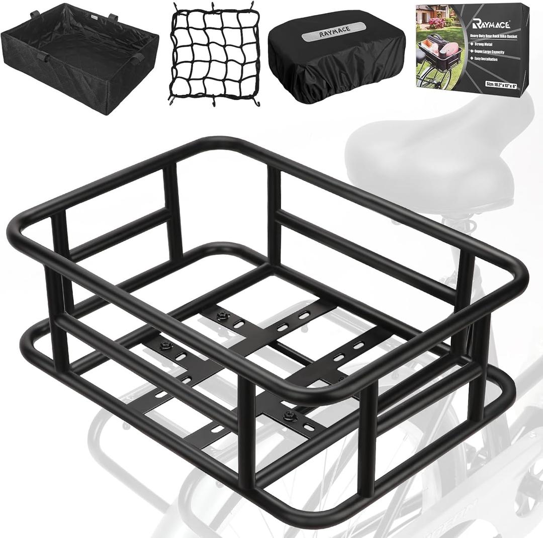 RAYMACE Rear Rack Bike Basket with Cargo Net and Liner Large Bicycle Basket Perfect Mount for Electric Bike