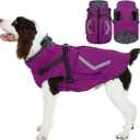 FUAMEY Dog Coat Zipper on Back, Fleece Lined Dogs Jacket for Winter with Harness Built-in, Insulated Clothes Large Doggy Cold Weather Outfits with Pop Bag Pockets, Staffordshire (Violet, L)