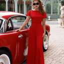 XXTAXN Women's Caual Fashion Crew Neck Short Sleeve Ruched Waist Backless Tie Wide Leg Long Pant One Piece Jumpsuit (Red, L)