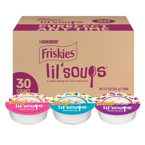 Friskies Purina Grain Free Wet Cat Food Lickable Cat Treats Variety Pack, Lil' Soups With Salmon, Tuna or Shrimp - (Pack of 30) 1.2 oz. Cups, Best By MAY 2027