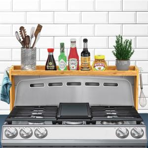 Mount Walker Bamboo Over the Stove Spice Rack, Stove Shelf with 6 Hooks for Back of Stove, 31.5" Kitchen Counter Shelf, Heat-Resistant, Kitchen Countertop Shelf for Spice Organization