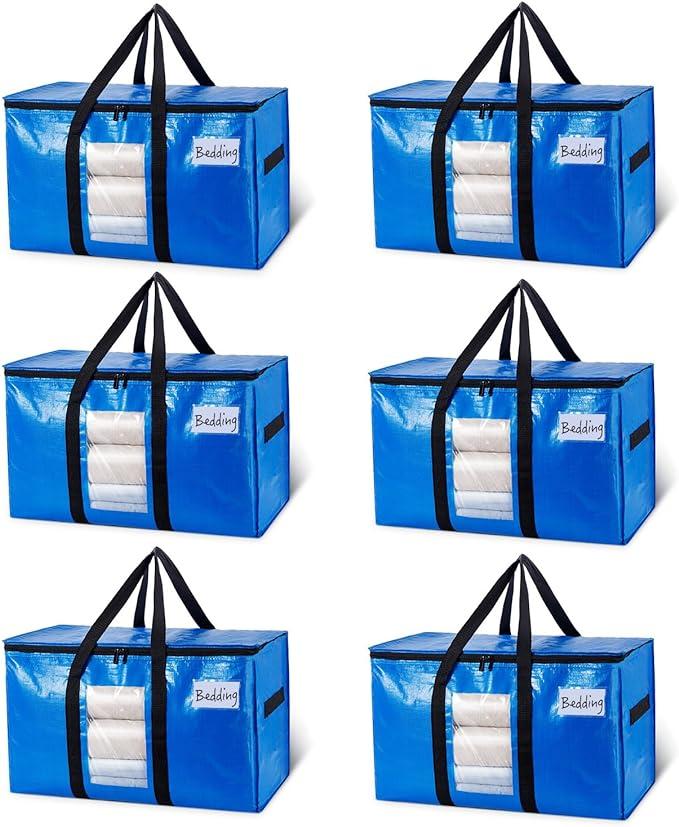 TAILI Extra Large Moving Bags, 6 Pack Blue Heavy Duty Totes For Storage with Visible Window, Wrap Around Handles, Storage Bags for Space Saving, Alternative to Moving Boxes