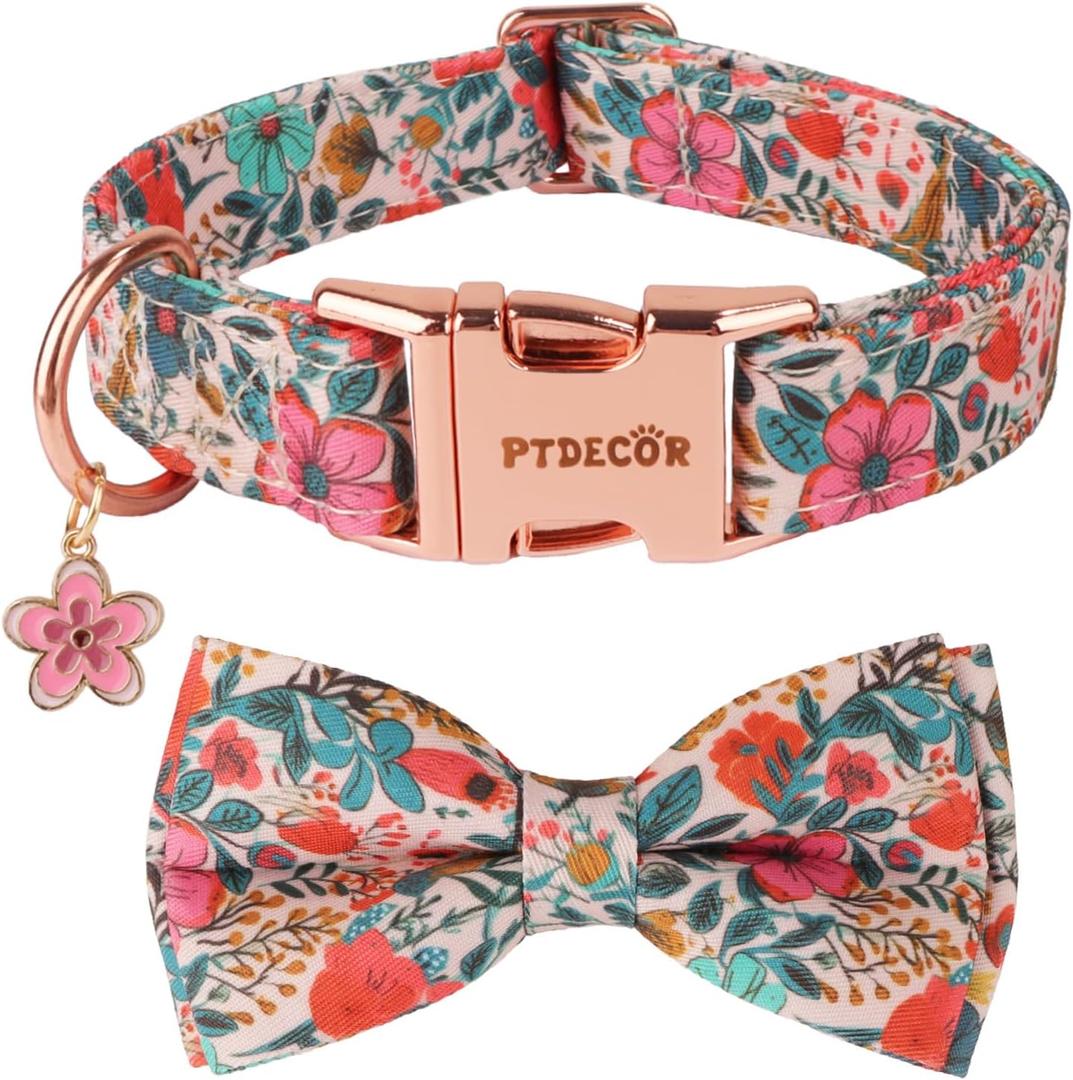 PTDECOR Flower Dog Collar with Bow Tie, Metal Buckle, Multi Size, Adjustable Floral Leaves Collar for Medium Dogs (Medium)