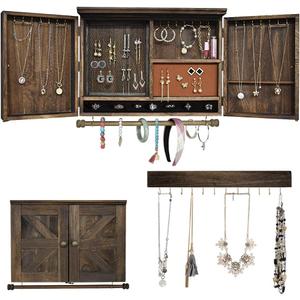 GLANT Rustic Wall Mounted Jewelry Organizer with Wooden Barndoor Decor,Wooden Wall Mount Holder,Jewelry holder for Necklaces, Earings, Bracelets, Ring Holder. Includes matching hook organizer (Rustic)