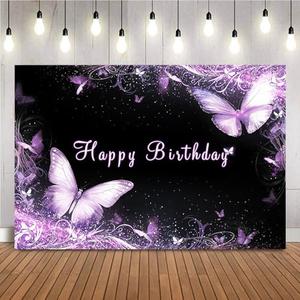 Butterfly Birthday Backdrop Purple and Black Floral Photo Background Purple Shining Dots Magical Butterfly Decoration for Baby Girl's Birthday Banner Supplies (7x5ft)
