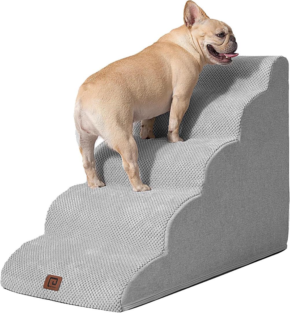 EHEYCIGA Curved Dog Stairs Ramp for High Beds 22.6" H, 5-Step Dog Steps for Small Dogs and Cats, Pet Stairs for High Bed Climbing, Non-Slip Balanced Pet Step Indoor, Light Grey