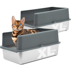 iPrimio Stainless Steel Litter Box - Cat Litter Box Enclosure with Enclosed Sides for Odor Control - Durable, Rust-Resistant Metal - Easy Clean Design, Applicable for Large Cats - 2 Pack