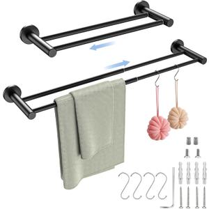 Adjustable Double Bath Towel Bar 16 to 27.6 Inch,ZUEXT Oil Rubbed Black Stainless Steel Towel Holder Hanger, Expandable Wall Mounted Towel Rail for Bathroom Kitchen, 1" Tube Towel Rail Racks w/Hooks