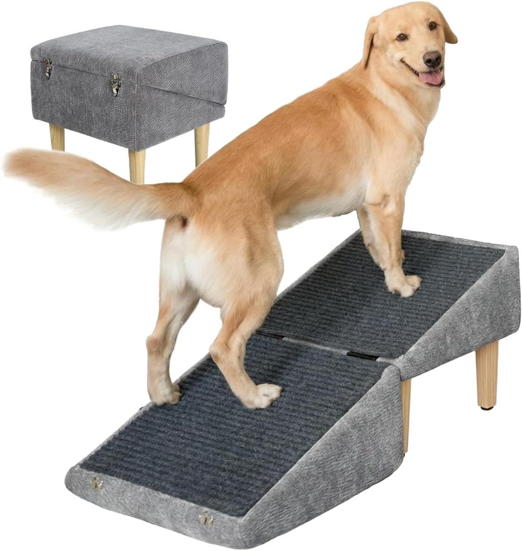 3-in-1 Dog Ramp 18.9"17.7"18.9" with Storage Pet Stairs for Senior & Injured Dogs & Cats, Hidden Storage Footstool, Ottoman Anti-Slip, Supports 220 lbs for Beds & Sofas