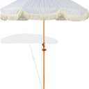 6.5ft Patio Umbrella with Fringe, Beach Umbrella, Fringe Umbrella Outdoor Patio with Hanging Hook, Tilting Aluminum Pole, UV 50+, Fiberglass Ribs, Blue White Stripe