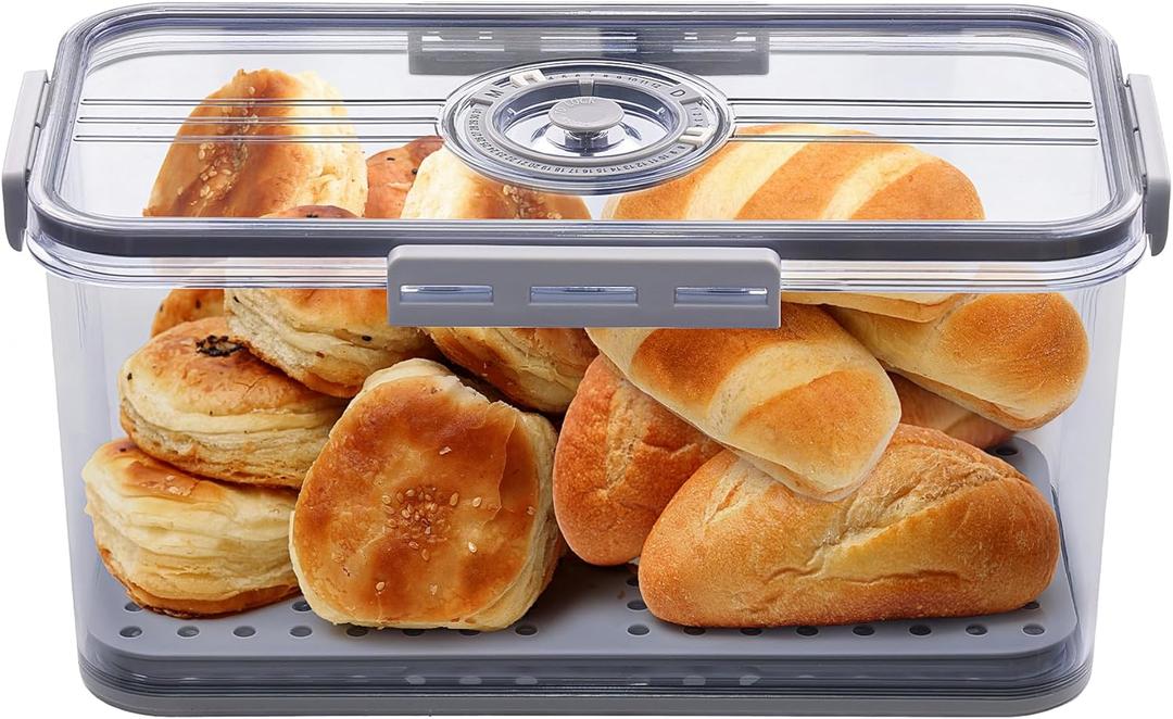 Bread Box for Homemade Bread Boxes for Kitchen Counter Airtight, Time Recording Bread Storage Container with Lid, Bread Containers Storage Airtight Loaf Bread Keeper, Grey