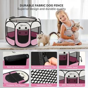 Pink Dog Playpen, Puppy Pet Cat Playpen Indoor for Small Dogs Cats, Dog Tent Crates Cage Indoor/Outdoor, Portable Pop Up Dog Kennel Playpen with Carrying Case for Dogs/Cats/Rabbits, Zipper Top