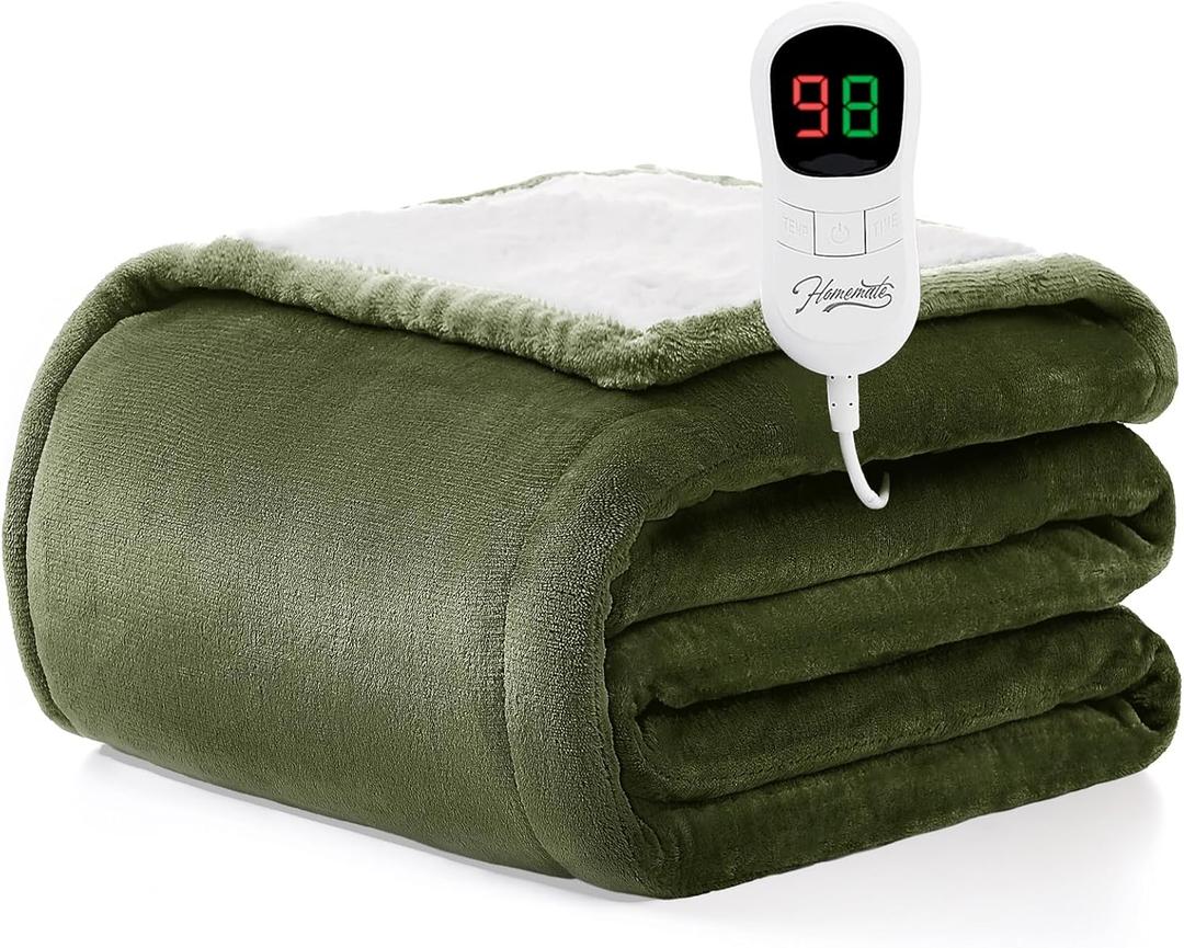Homemate Electric Heated Blanket Twin Size - 62"x84" Heating Blanket Twin Size 1/2/4/6/8 Hours Auto-Off 10 Heat Level Over-Heat Protection Flannel Sherpa ETL Certification (09 - Olive Green)