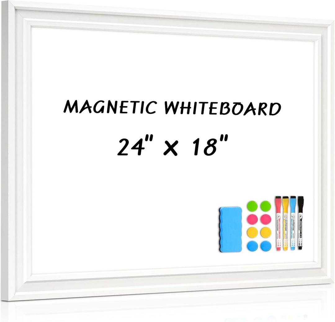 White Board for Wall, 24'' x 18'' Magnetic Dry Erase Board, Decorative Whiteboard with Plain White Wooden Frame, Hanging Writing Board for Home Office School Dorm