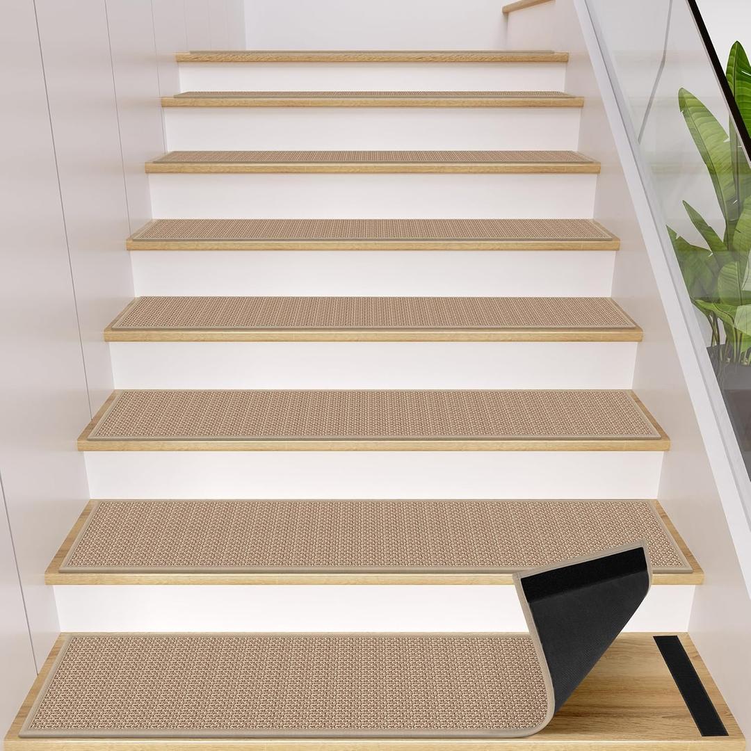 GOYLSER Peel and Sticker Jute Stair Treads Non Slip for Wooden Steps Indoor, 15 Pack Rubber Backed Stair Pads Rug, Removable Khaki Adhesive Staircase Mat Step Cover (Stair Tread Set (15 pieces, 8" x 30"))