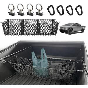BestEvMod Cargo Mesh Net for Pickup Truck Bed Compatible with Tesla Cybertruck 2026 2025 2024 Accessories Mesh Extra Strong Hook Stretchable Trunk Organizer Cargo Net (3 Pocket, Reinforced POM Hooks)