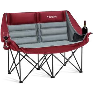 Youtanic Oversized Camping Chair, Double Folding Loveseat Camping Couch with Pocket, Cup Holder and Carry Bag, Heavy Duty Portable Camping Chairs for Adults, Fishing, Sports, Trip, up to 660lbs, Red