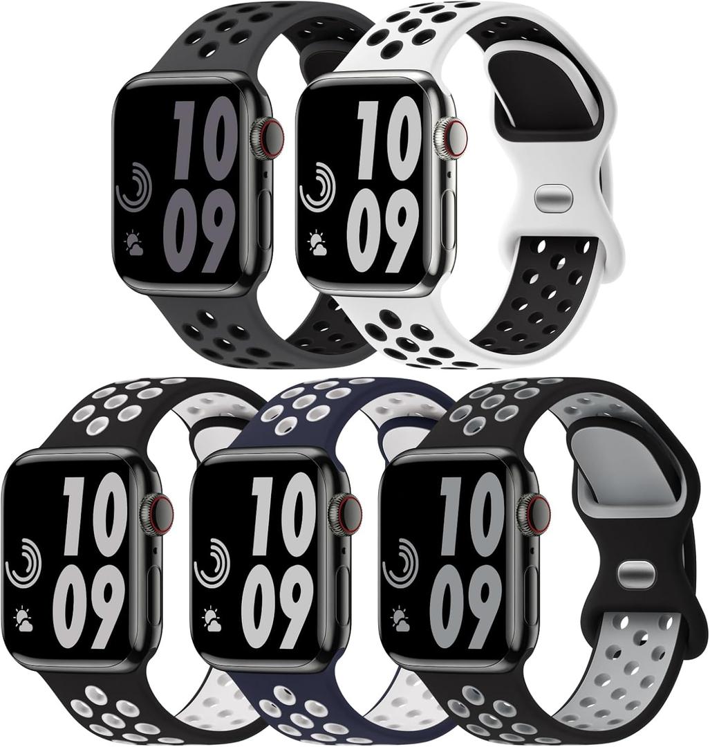 5 Pack Sport Bands Compatible with Apple Watch Band 44mm 45mm 46mm 42mm 41mm 40mm 38mm 49mm for Men Women, Breathable Silicone Wrist Strap for iWatch Series 11 10 9 8 7 6 5 4 3 2 1 SE3 2 1 Ultra3 2 1 (Anthracite Black/White Black/Black White/Midnight-Blue White/Black Gray)