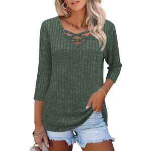 Heymiss Womens Sweaters 3/4 Sleeve V Neck Shirts Dressy Casual Blouses Loose Fit Tunic Tops Criss Cross (L)