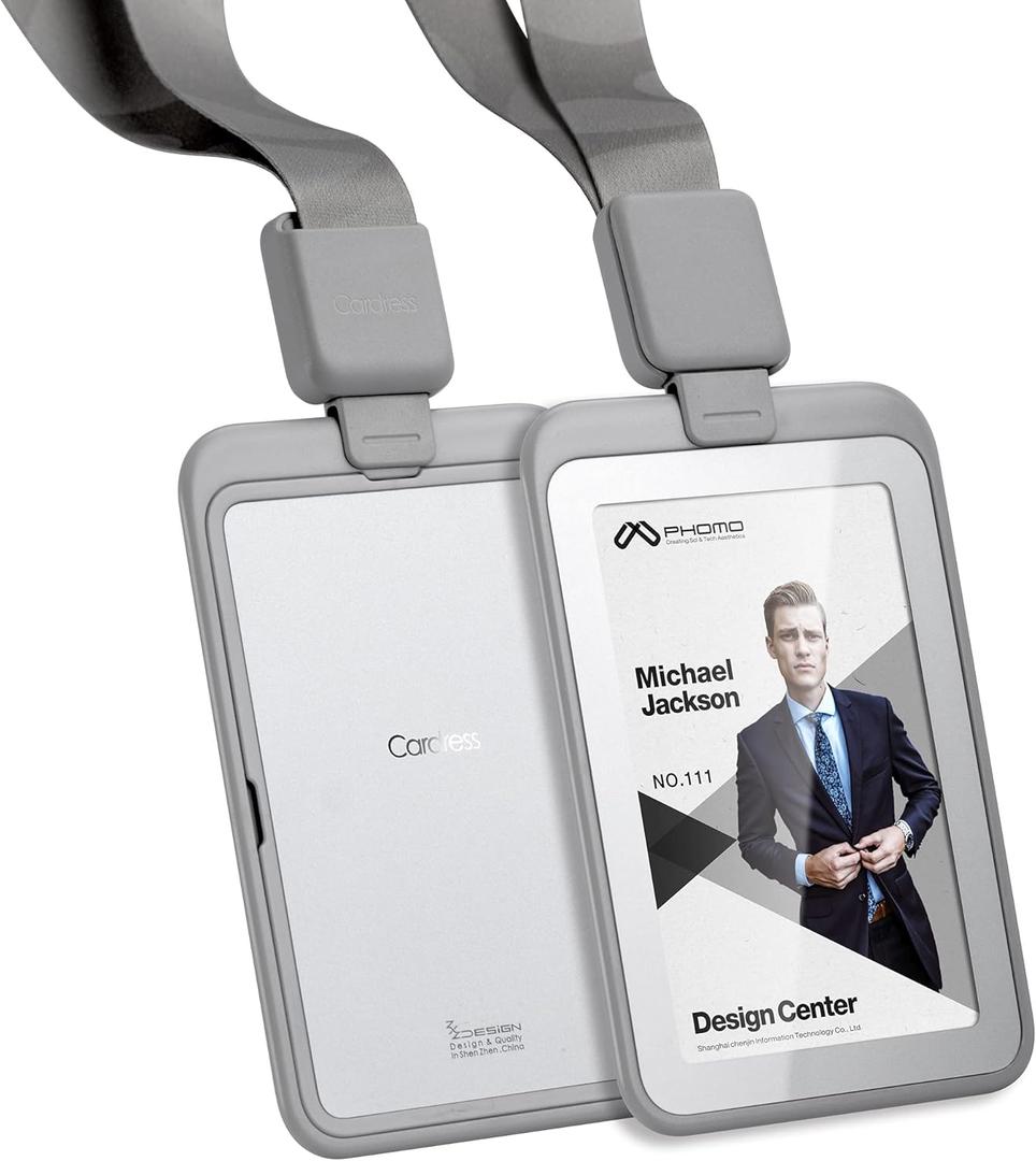 Phomo Self Retractable ID Badge Holders with Carabiner Reel Clip and Badge Lanyard, Heavy-Duty ID Card Holder for Neck, Vertical Style Transparent Hard Accessories Clear, (Holds 1 to 2 Cards) (Grey)